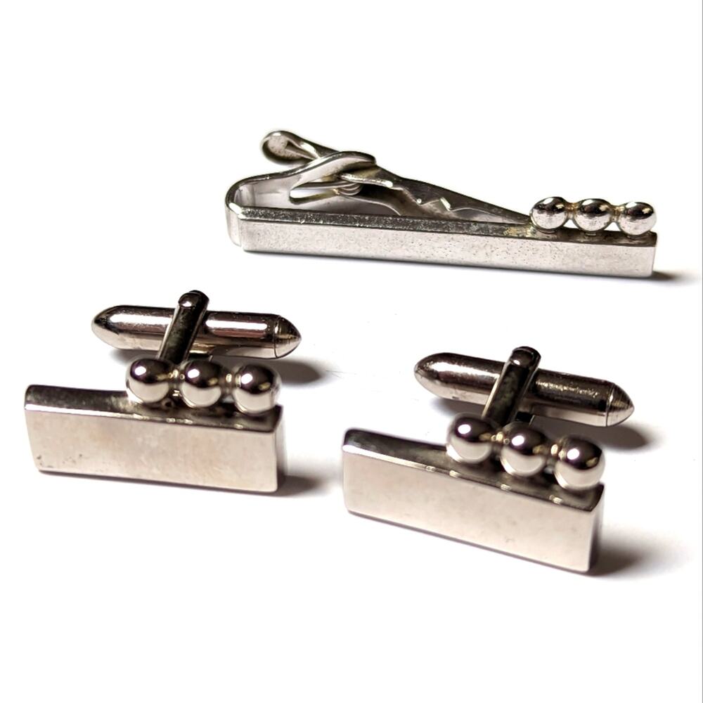 Vintage Swank Silver Tone Mod Circles Rectangular Cufflinks and Tie Clasp Set